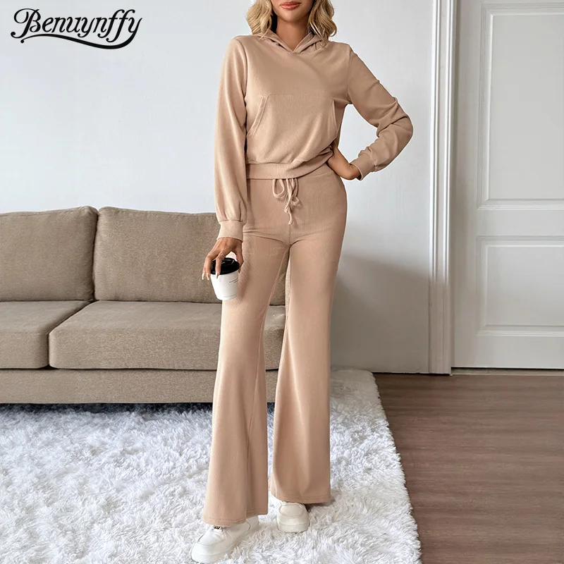 

Benuynffy модный спортивный комплект Y2K, женская весенне-осенняя короткая толстовка с карманом-кенгуру, уличные повседневные брюки-клеш, женский наряд из 2 предметов