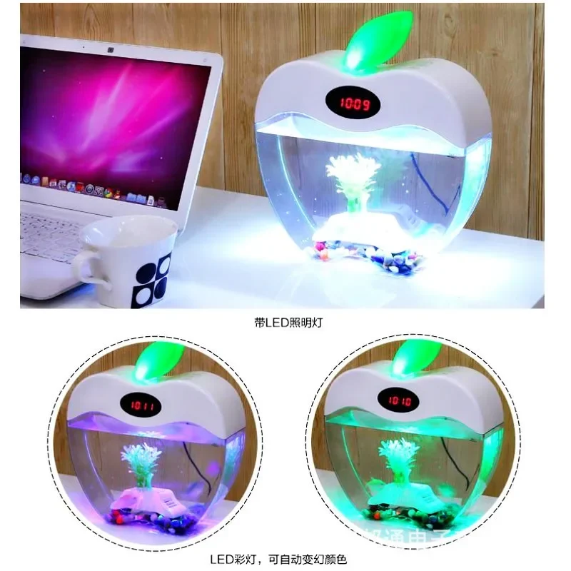 1 PC Apple-Shaped Desktop Aquarium 2200ml Small Fish Tank with Filter, LED Light, and Decorations for Home and Office Aquarium