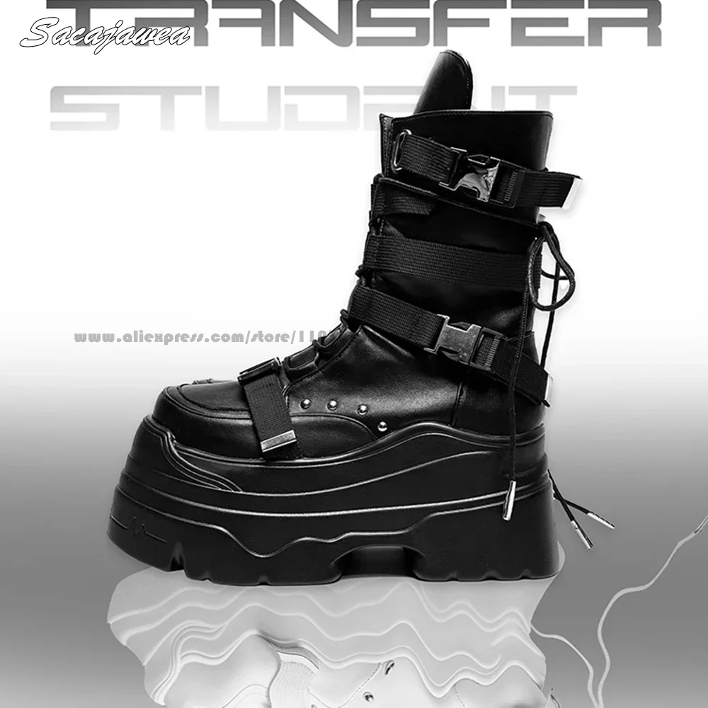 Gothic Punk Style Side Zipper Chunky Heel Motorcycle Boots Round Toe Platform Size 35-40 Lady Boots Solid 9CM Heel Mid Claf Boot