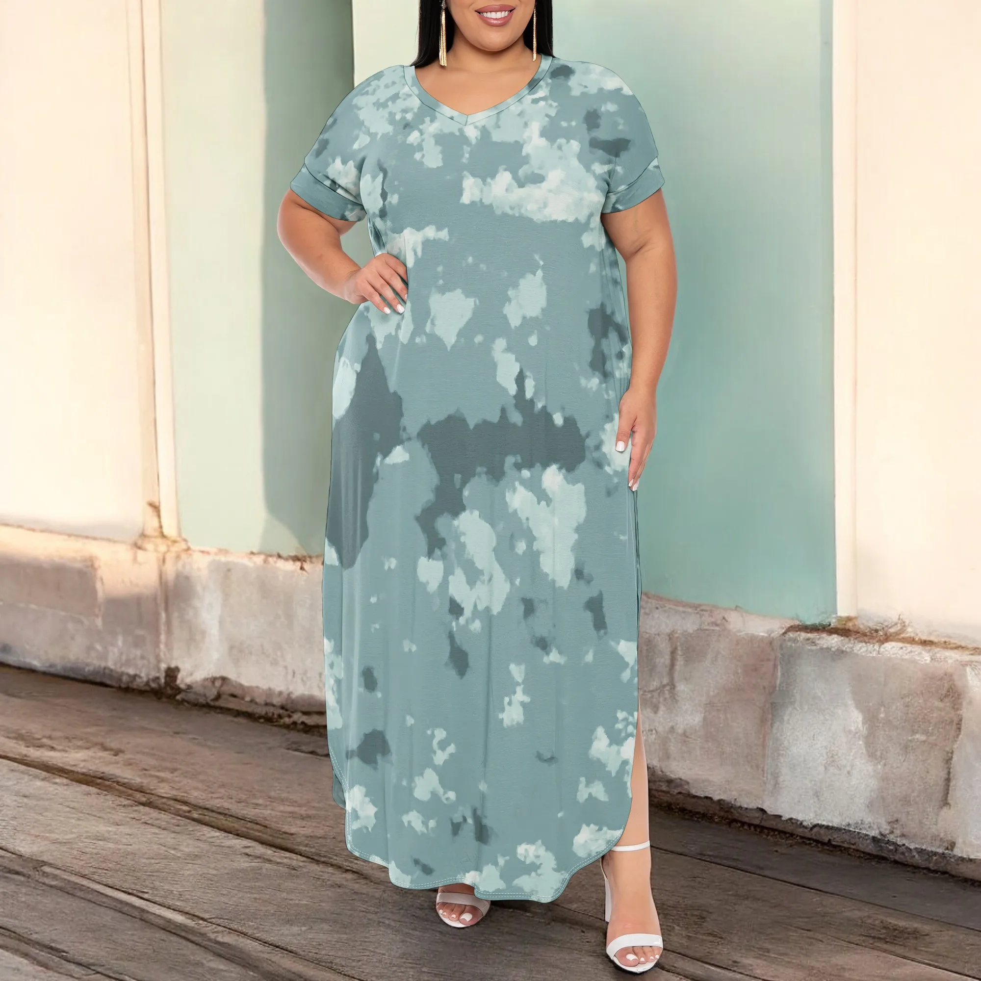 

Abstract Ink Print Plus Size Maxi Dress XL‑6XL Short Sleeve Loose Fit Style with Side Slit for Summer Casual, Lounge or Vacation