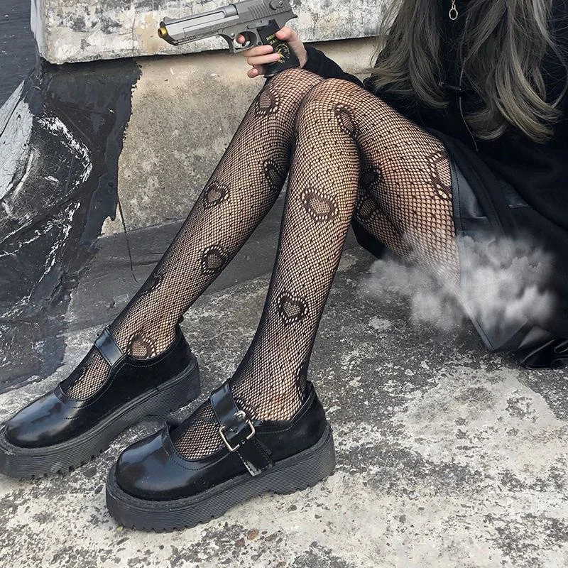 Japanese Lolita Tights Stockings Cute Heart Flower Mesh Stockings White Fishnet Pantyhose Girls Women Summer Legging Stocking