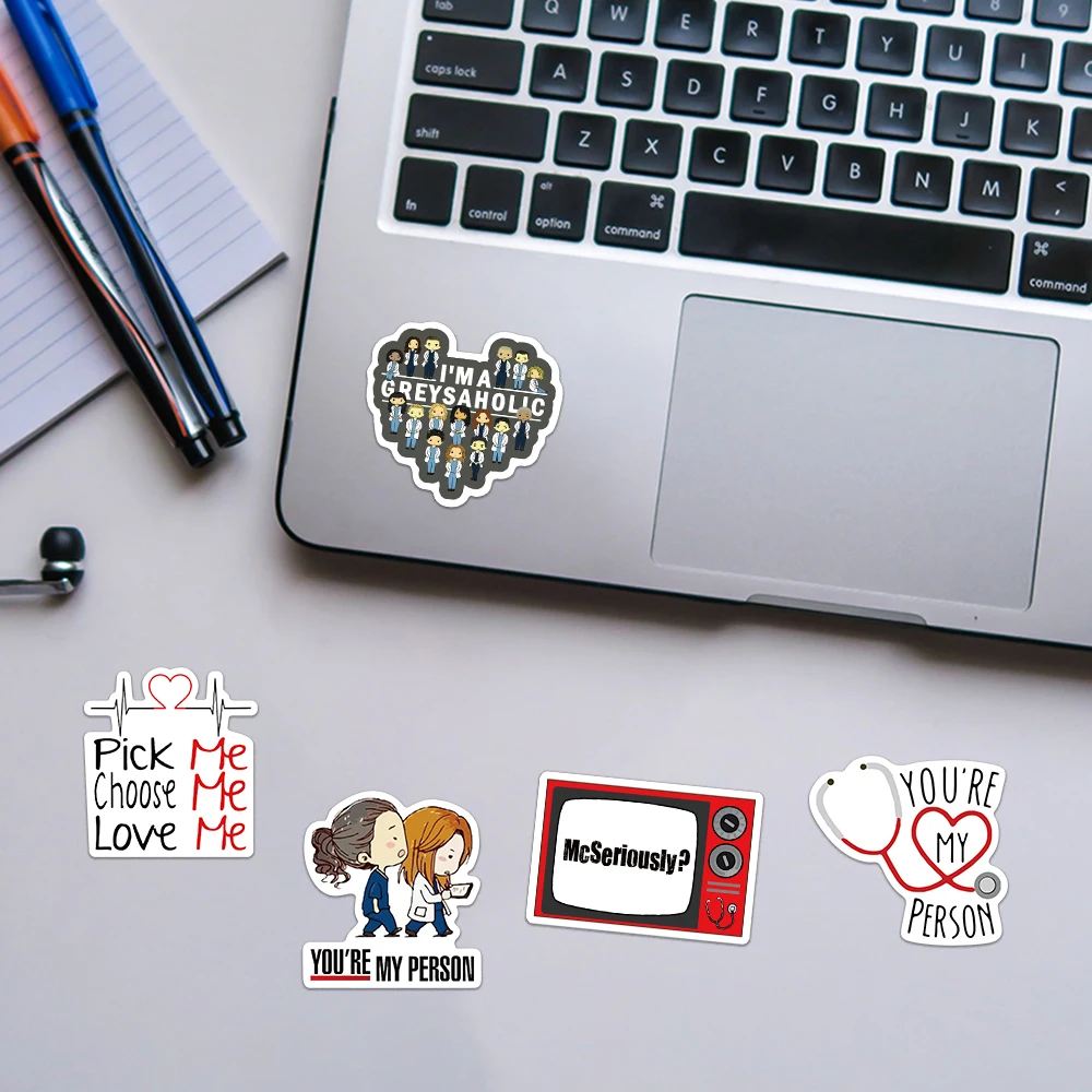 50PCS Classic TV Show Greys Anatomy Stickers Funny PVC Scrapbook For Luggage Laptop Phone Decals DIY Album Cute Doctors