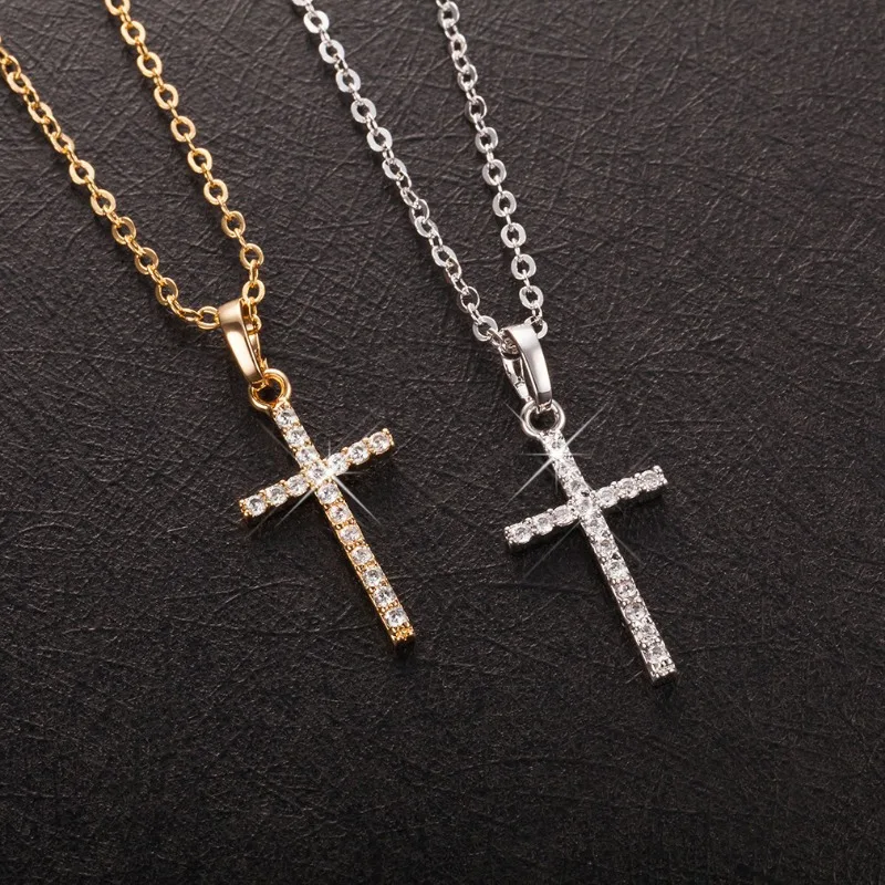 Fashion Gold Silver Crystal Christian Jesus Cross Pendant Necklaces Women New Clavicle Chain Necklace Collar Jewelry Gift