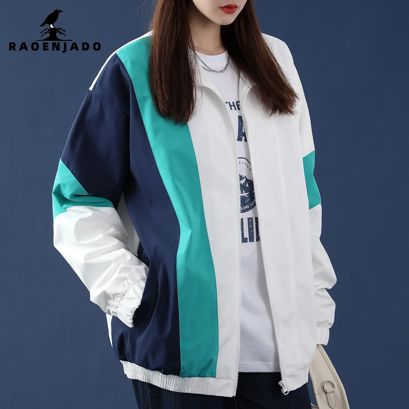 Women's Stand-up Collar Zipper Jacket Spring&Autumn Loose-Fit Coat Casual Patchwork Color-Block Breathable Mesh Lining Outerwear