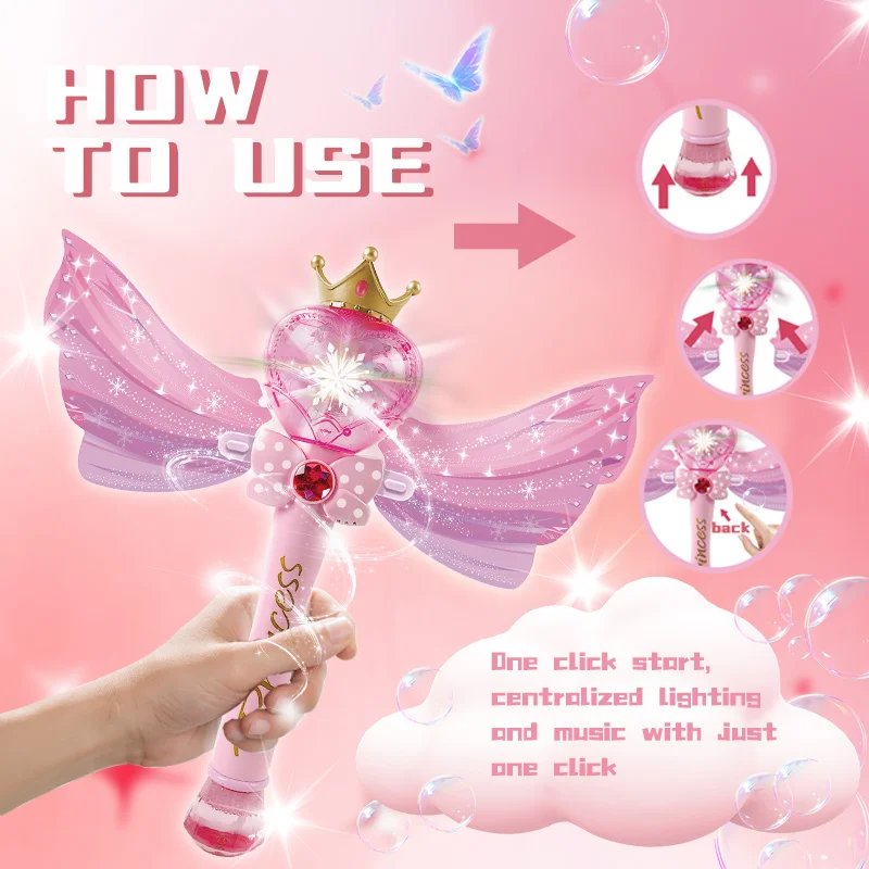Varita de burbujas de princesa con música y luces LED, alas rosas, juguete de varita mágica - Regalo de burbujas de ensueño (líquido de burbujas no incluido)