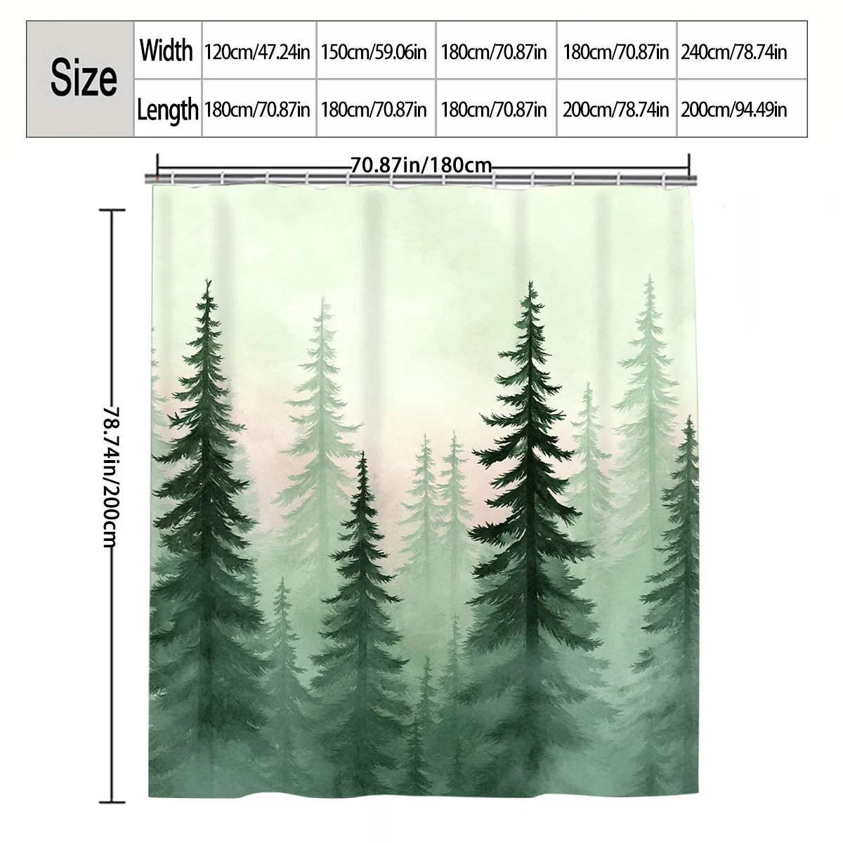 Watercolor Misty Pine Forest Illustration Shower Curtain 1pc with 12 Hooks for Bathroom Home Decor Polyester  70.8x70.8 Inch
