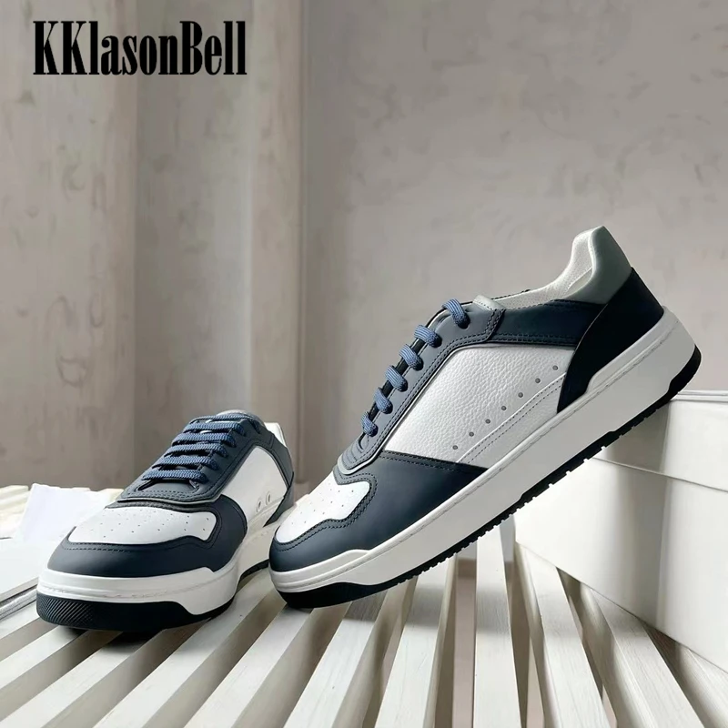 

1.18 BC KKlasonBell Men's Breathable Sneakers Contrast Color Lace-Up Genuine Leather Vulcanize Shoes