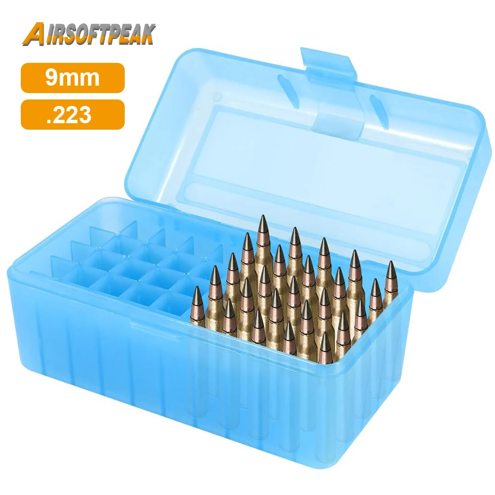 50 Rounds Tactical Ammo Box 9mm/.233 Pistol Rifle Cartridge Storage Box Shotgun Bullet Shell Holder Case for Airsoft Hunting