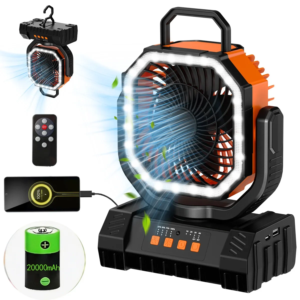 20000mAh Camping Fan Battery Powered Fan 4 Speeds with LED Light/Hook Rechargeable Outdoor Fan for Party/Power Outage/Fishing