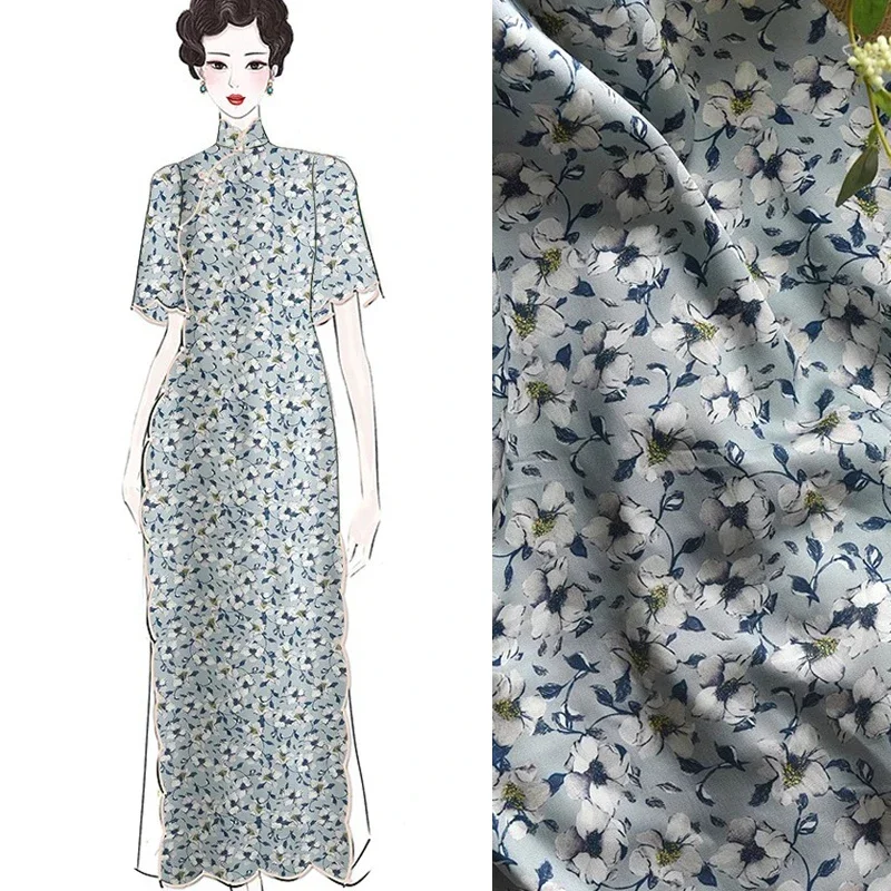 

Gorgeous Jasmine Printed on Blue Gray Rayon Fabric, Soft Smooth for Dress Blouse Clothing,145CM Wide 200G/M Summer Fabric R516