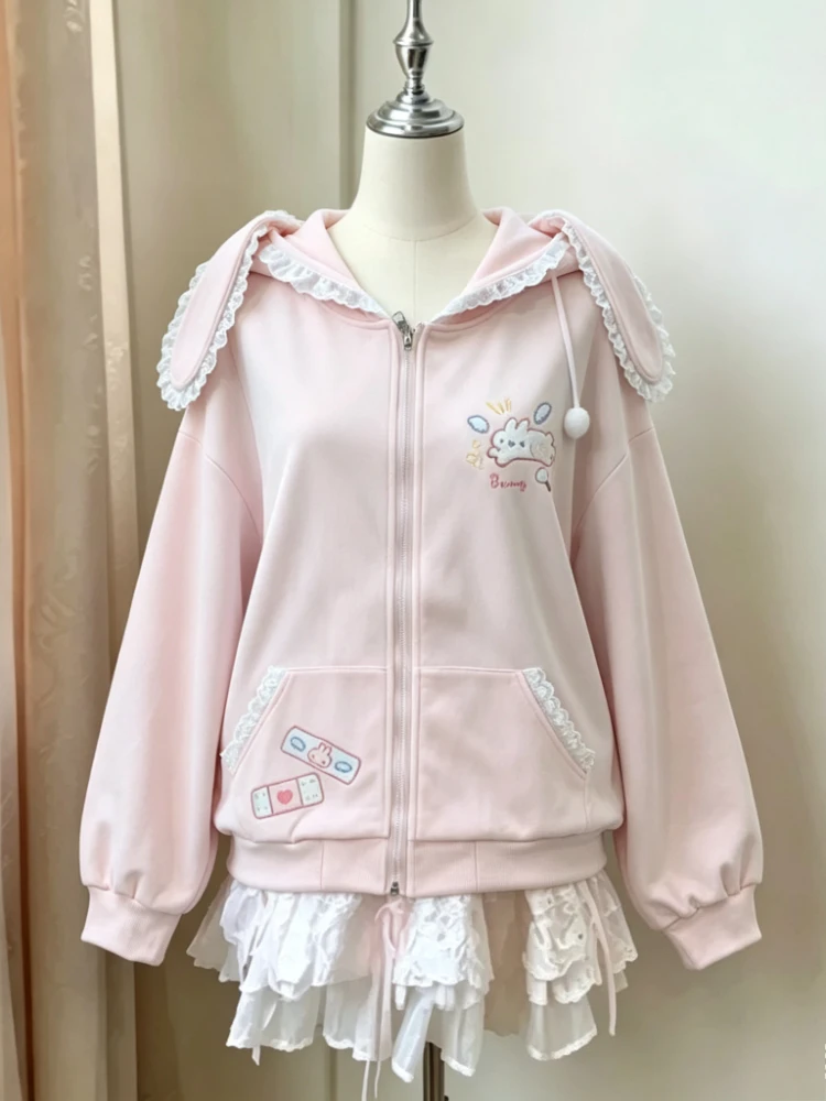 Japanese Kawaii Cat Sweatshirt Women Off Shoulder Cute Cartoon Y2k Aesthetic Grunge Lace Casual Hooded Pullover Christmas Winter