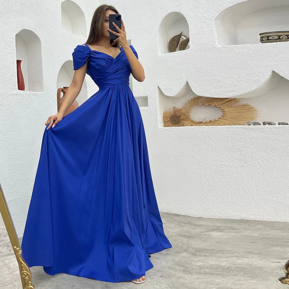 

Blue Prom Dresses 2023 Short Sleeve Floor Length A-Line فساتين مناسبة رسمية Satin With Pocket Custom Wedding Guest Gowns