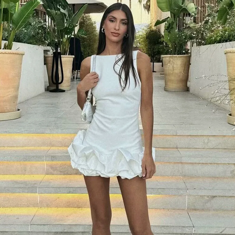 

Chic Y2K Sleeveless Backless Mini Dress For Women Elegant Ruffled Hem Folds Short Sundress Holiday Lady Evening Party Vestidos