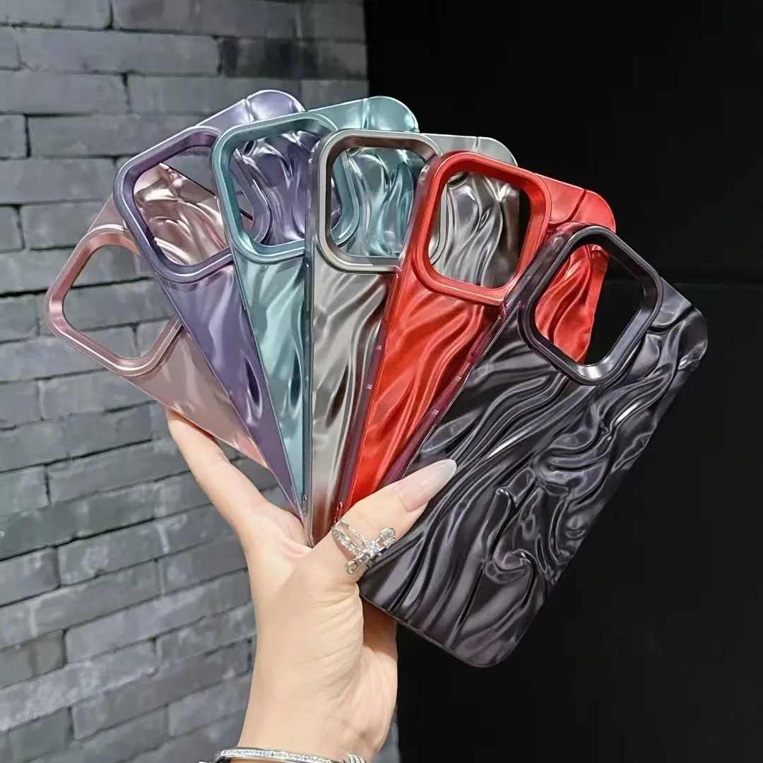 Luxury Senior Solid Color Crumpled Fold Pattern Plating Phone Case For iPhone 16 15 14 Pius 13 12 11 Pro Max Smooth Matte Cover