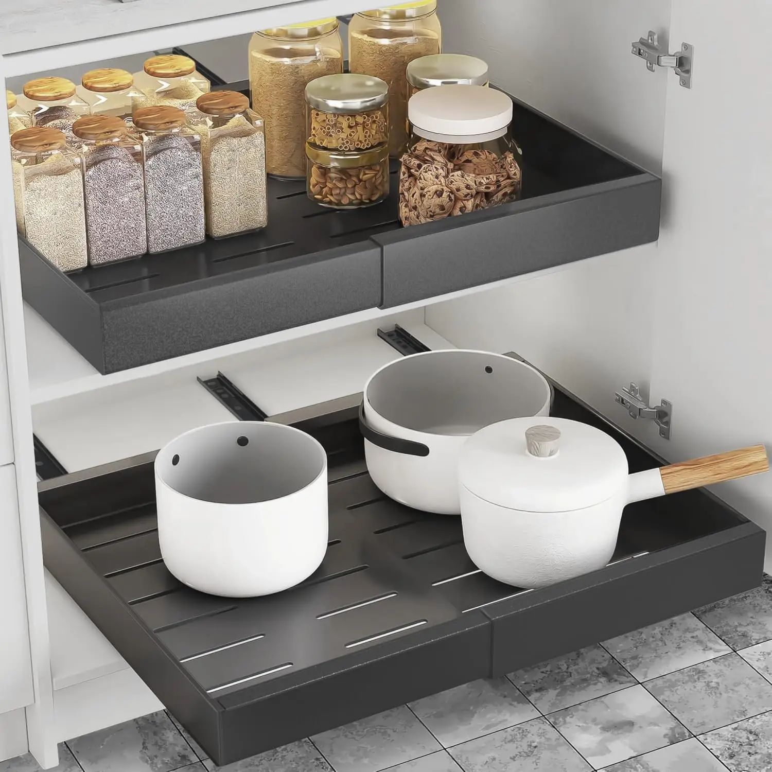 

Выдвижные расширяемые ящики для шкафов (серые): Органайзер для кухни и кладовой, выдвижной органайзер для шкафа с клейкой основой, под шкаф