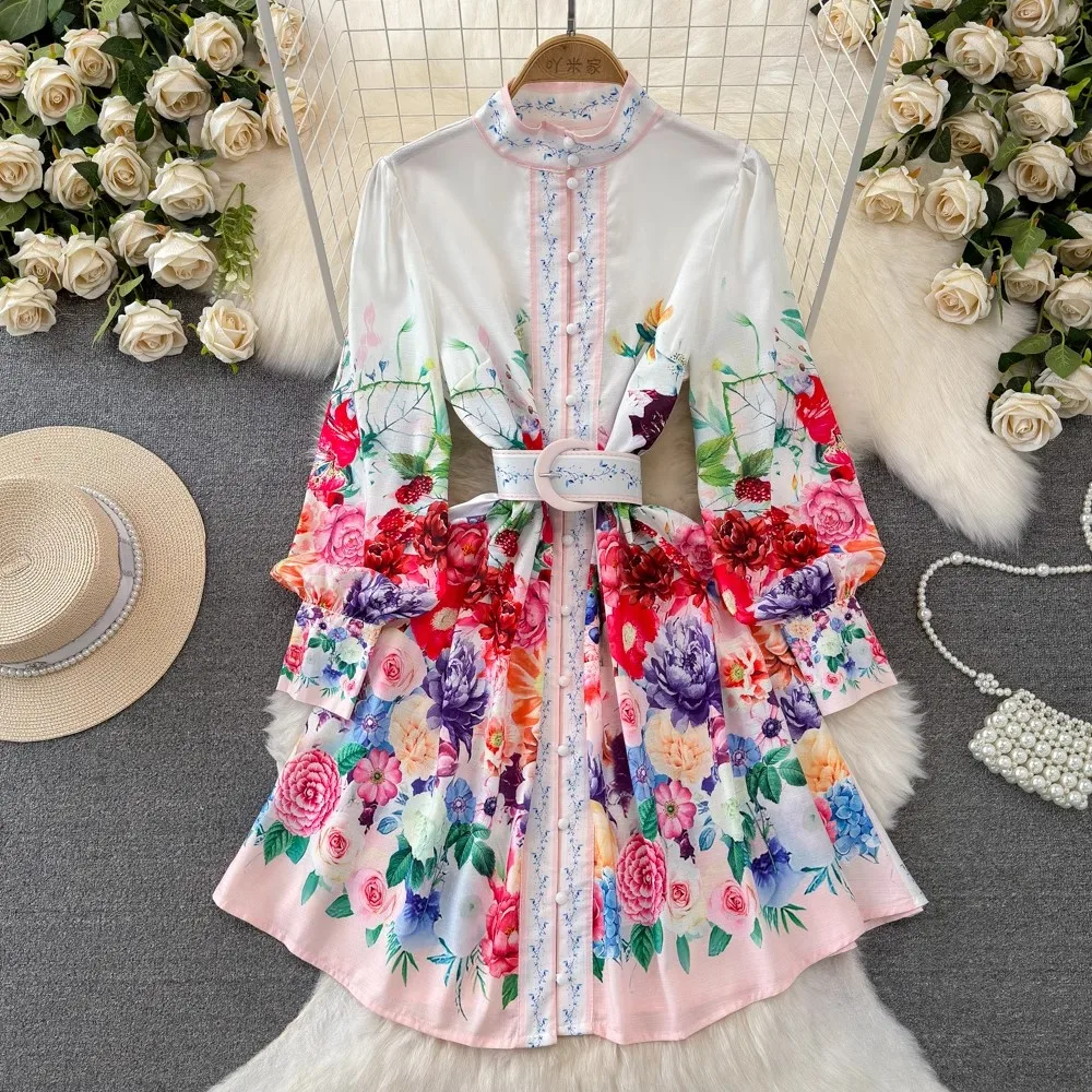 Vestido corto de lino para mujer, a la moda ropa de diseño, manga farol, estampado de flores, botonadura única, cinturón, 2479