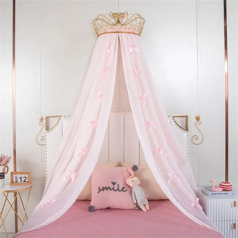 Karen Princess Bed Canopy Chiffon Girls Bed Curtain Decorative Drapery Metal Crown for Girls Cute Pink Bow-Knots Kids Bedding