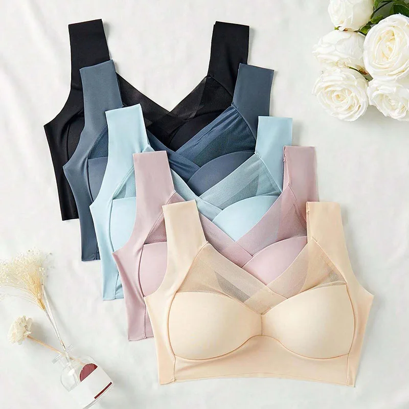 5PCS Women Sports Bras Full Cup Brassiere Female Sexy V Neck Lace Splicing Bralette Large Wireless Size Soft Sleepwear Lingerie