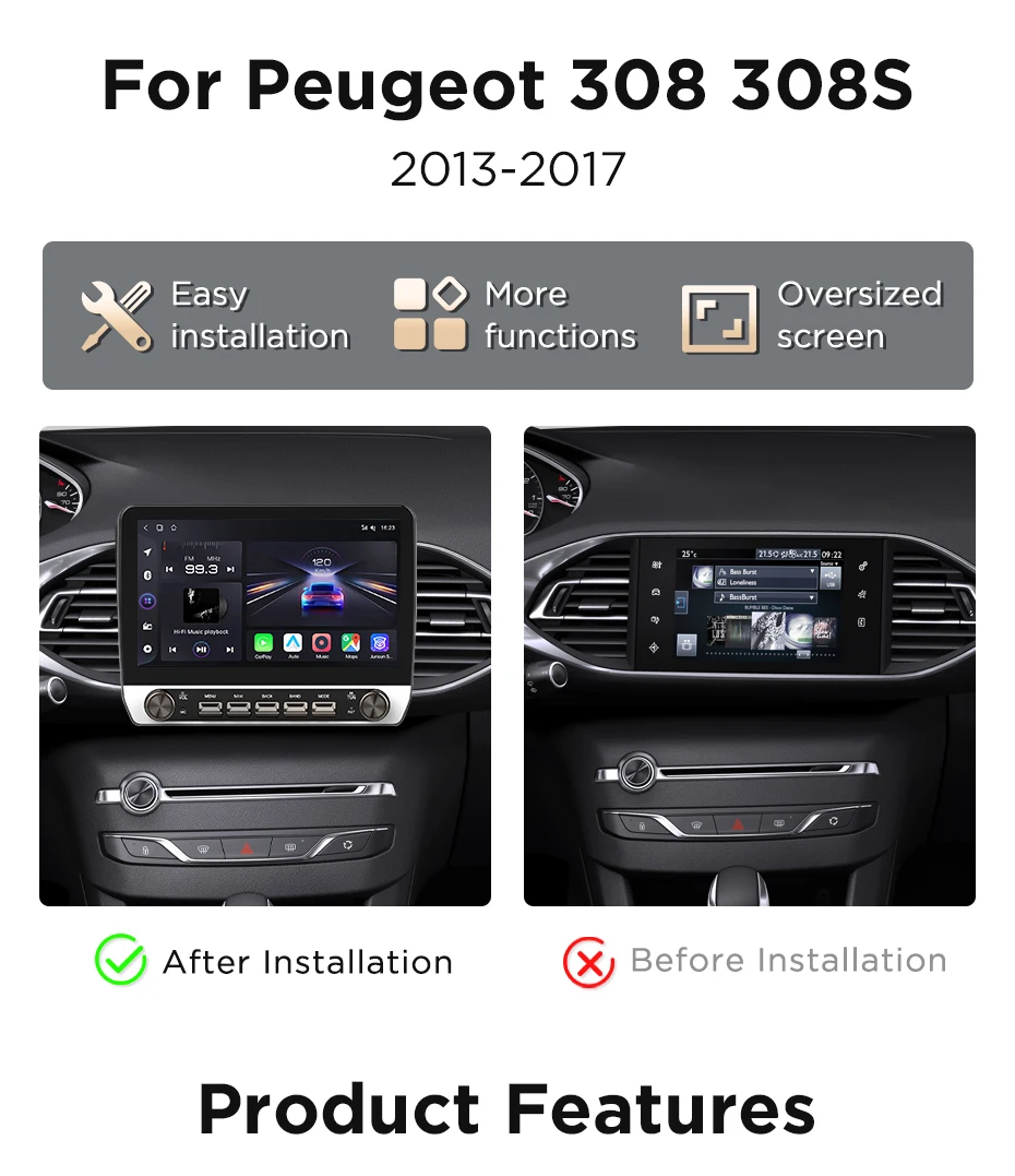 Junsun 10,1' Kabelloses CarPlay Android Auto Autoradio für Peugeot 308 308S 2013-2017 Radio mit Tasten Bluetooth GPS Navi 4G DSP – Detail 4