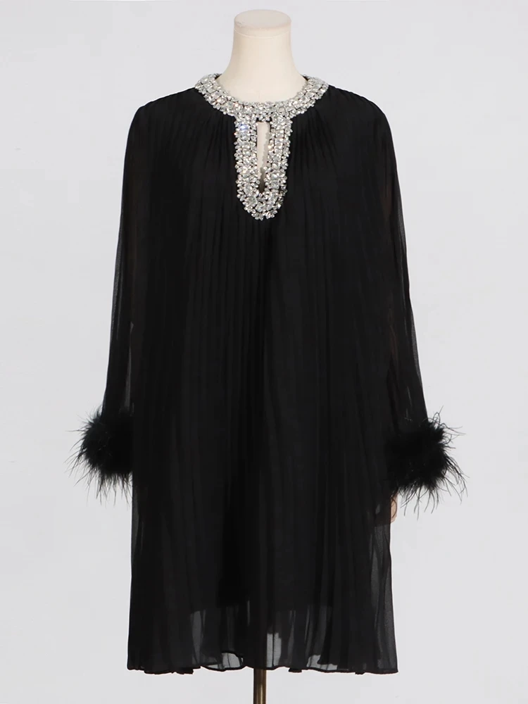 VGH Solid Spliced Diamonds Loose Dresses For Women Round Neck Long Sleeve Patchwork Feather Casual Chic Dress Female Fashion New