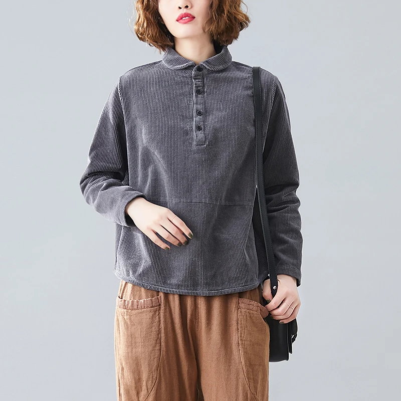 Herbst Winter Casual Reine Farbe Cord Lange Sve irt Jaet plus Größe frauen Kleinen Kragen Casual Vielseitig Overhead top