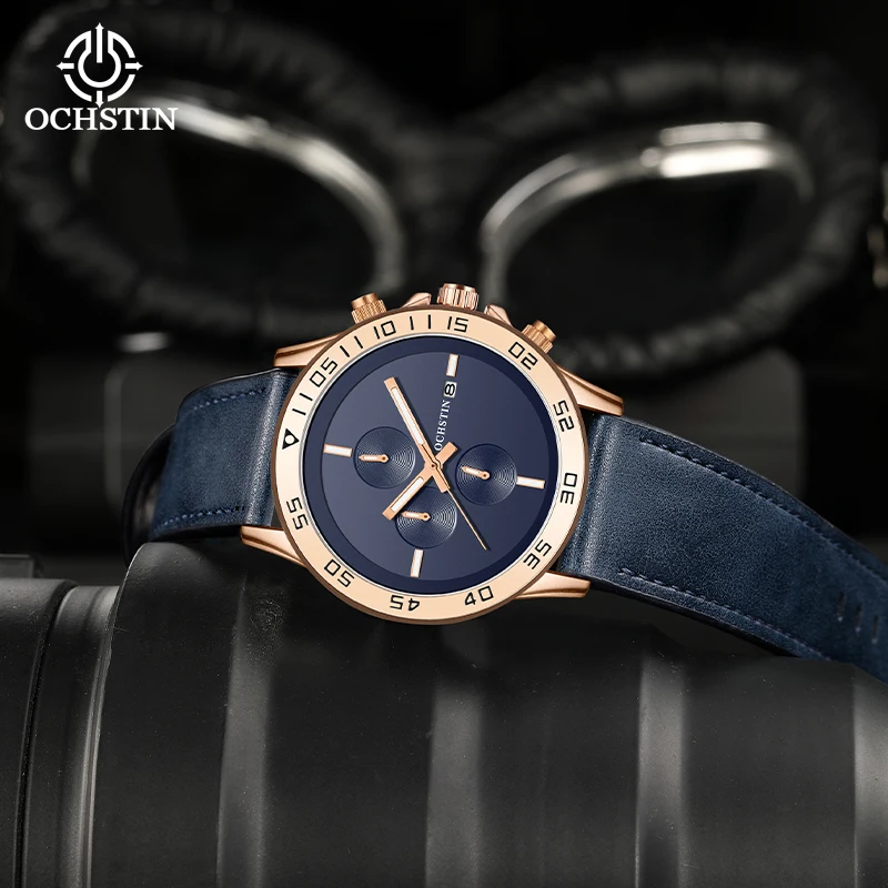 OCHSTIN New Sale Men's Leather Strap Multifunctional Quartz Movement Watches Pilot Series Luminous Fashion Waterproof Clock