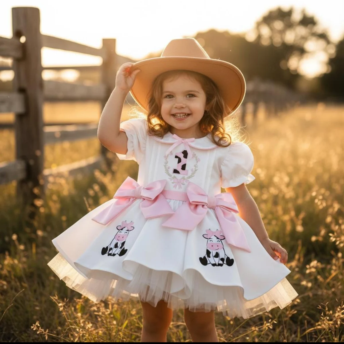 Summer Girl Cute Cow Embroidery Powder Bow White Puffy Dress for Casual Party Birthday Wedding Photography B610