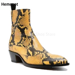 Cowhide Snake Print Boots Men's Chelsea Boots Summer Fashion Personality New Pointed Toe Heightened Side Zipper Casual Shoes