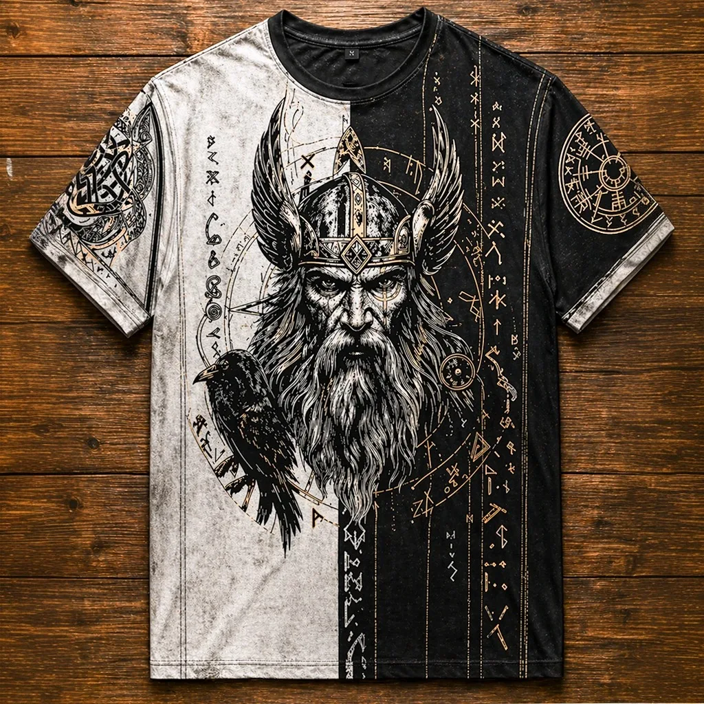 Summer Retro Men's Crew-Neck T-Shirt With Nordic Mythology Symbol Print Short-Sleeve Men's Outdoor Breathable Short-Sleeve Shirt