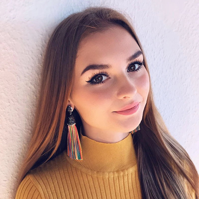 Women Bohemian Crystal Long Tassel Dangle Earrings For Girls Black Red White Silk Fabric Drop Earring Woman Accessories Jewelry