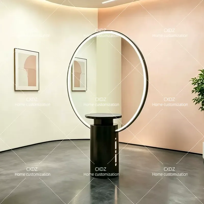 Double Sided Floor to Ceiling Mirror with Countertop Round Hair Cutting Mirror Table for Barber Shop Salon Perm Dyeing Area