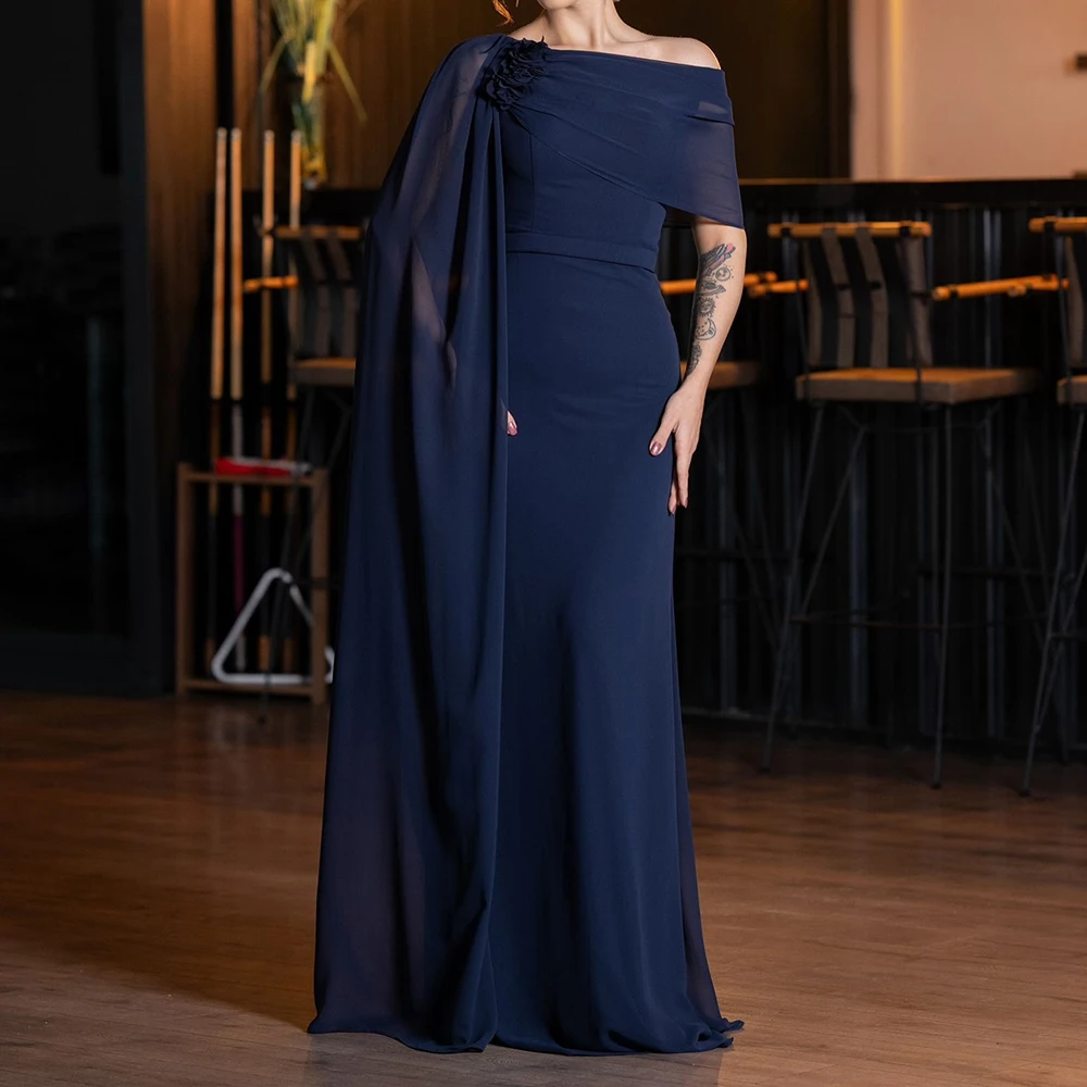 

Customized A-line Evening Dresses Floor-length Off The Shoulder Sleeveless Prom Gown Fashion Flowers Stole Draped Party Gown