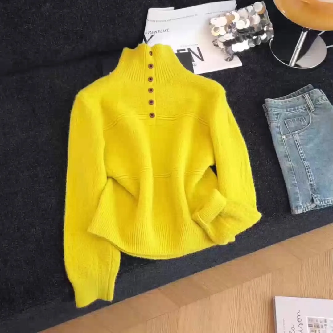 

Women's Yellow Pullover Sweater 2000s Vintage Jumper Knit Long Sleeves Lapel Cozy Cashmere Sweater For Women Clothes Winter 2025