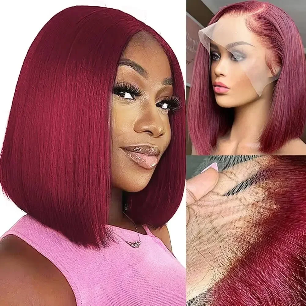 

99J Burgundy Straight Short Bob Wig Human Hair 200 Density Preplucked Red Colored 13x4 HD Lace Front Wig Remy Hair 8-14 Inch