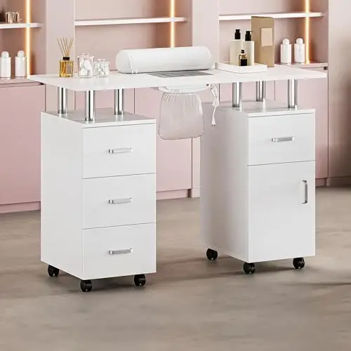 Manicure Table for Nail Tech - Professional Nail Desk Station w/Electric Dust Collector, Acetone Resistant MDF Top, 8