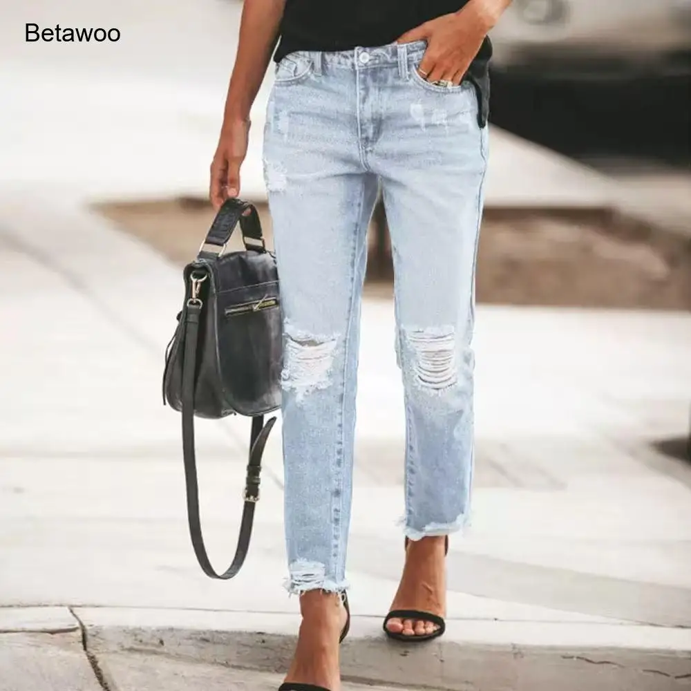 Light Blue Distressed Straight Leg Jeans Frayed Hem Cropped Casual Denim Trousers
