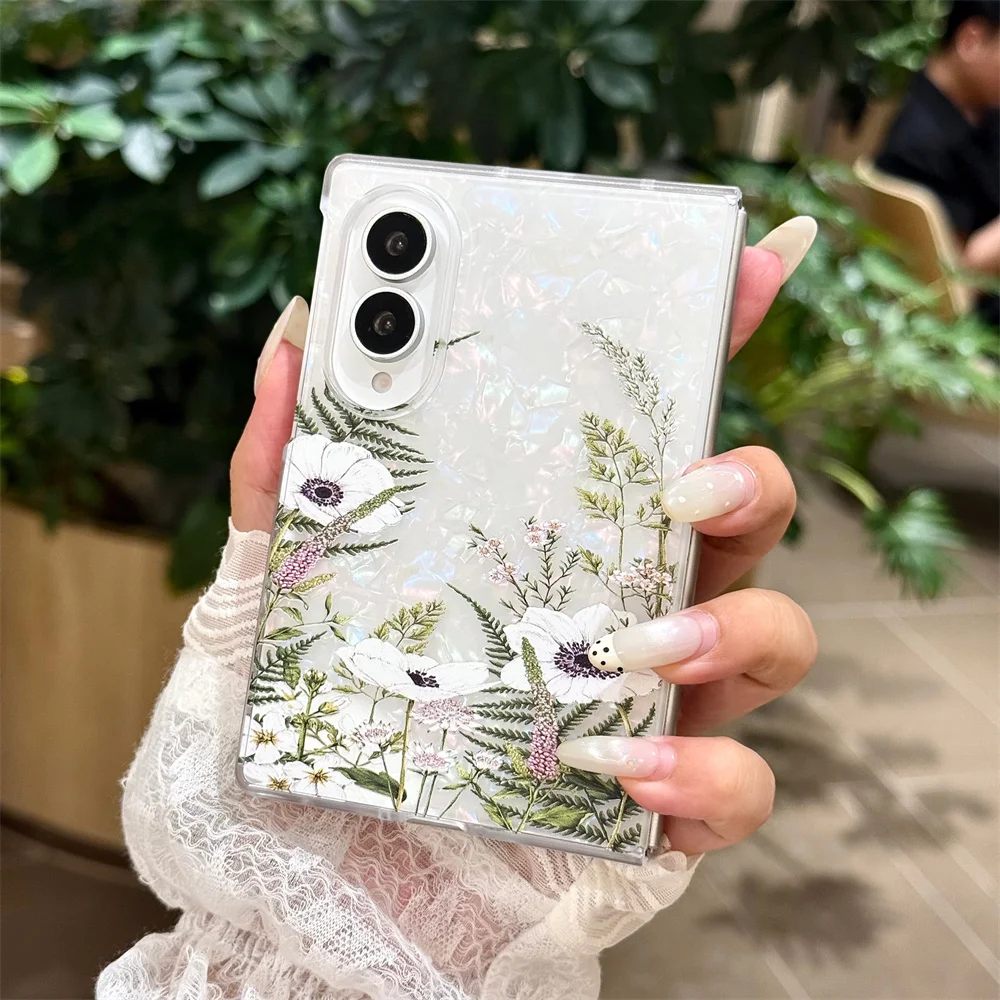 Vintage White Shell Texture Phone Case For Samsung Galaxy Z Fold 8 Ultra Z Fold 7 6 5 4 3 Shockproof Protective Cover For Women