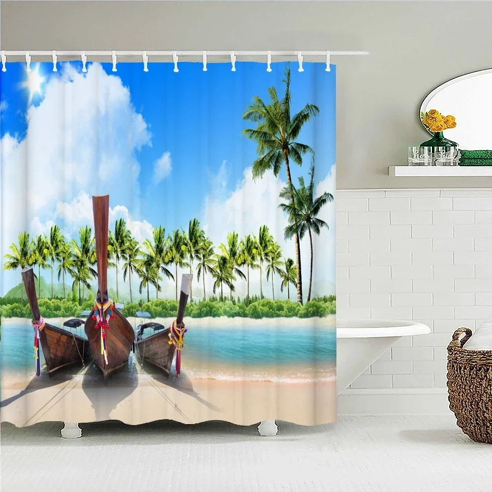 Sunlight Ocean Beach landscape Fabric Shower Curtain Bathroom Curtains Sunset Dusk Sea Animal Dolphin Bath Screen with 12 Hooks