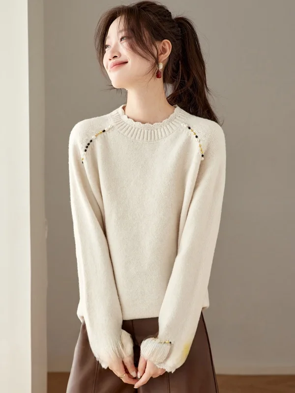 Ladies Loose Fit Knitted Sweater Pearl Embellished Casual Style Inner Wear Soft Polyester Fiber Long Sleeve Warm Thickened