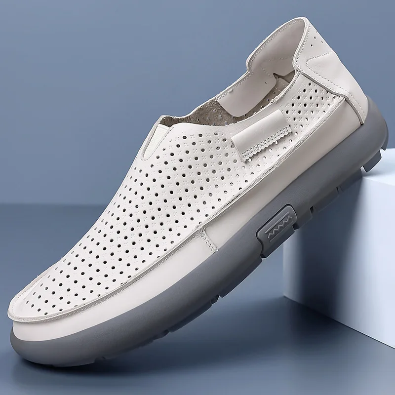The first layer of cowhide summer new casual leather hollow breathable sandals lazy one pedal hole men's shoes