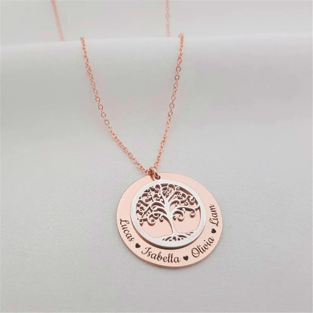 Collar personalizado con nombre familiar para mujer, colgante de árbol de la vida, gargantilla de acero inoxidable, joyería de regalo