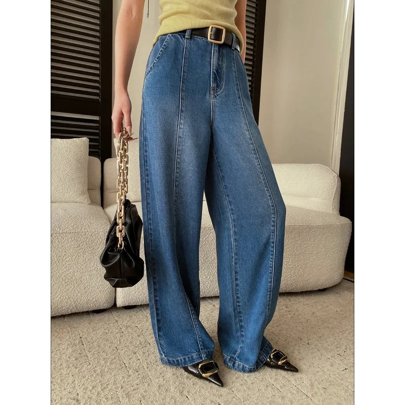 

Women Solid Wide Leg Pants Jeans Line Denim Trousers Full Lenth High Waist Zip Loose Office Lady Streetwear Casual 2026 Spring