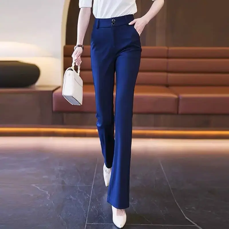 Women\'s Clothing Spring Autumn Solid Color High Waisted Button Pockets Casual Elegant Trousers Straight Office Lady Pants