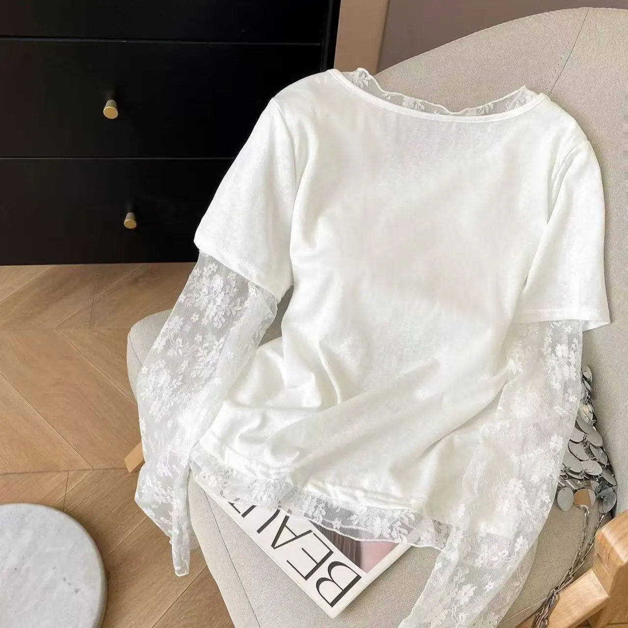 Lace Embroidered Mesh Stitching Fake Two-piece Top Women's Summer Sunscreen White Blouse Long-sleeved T-shirt