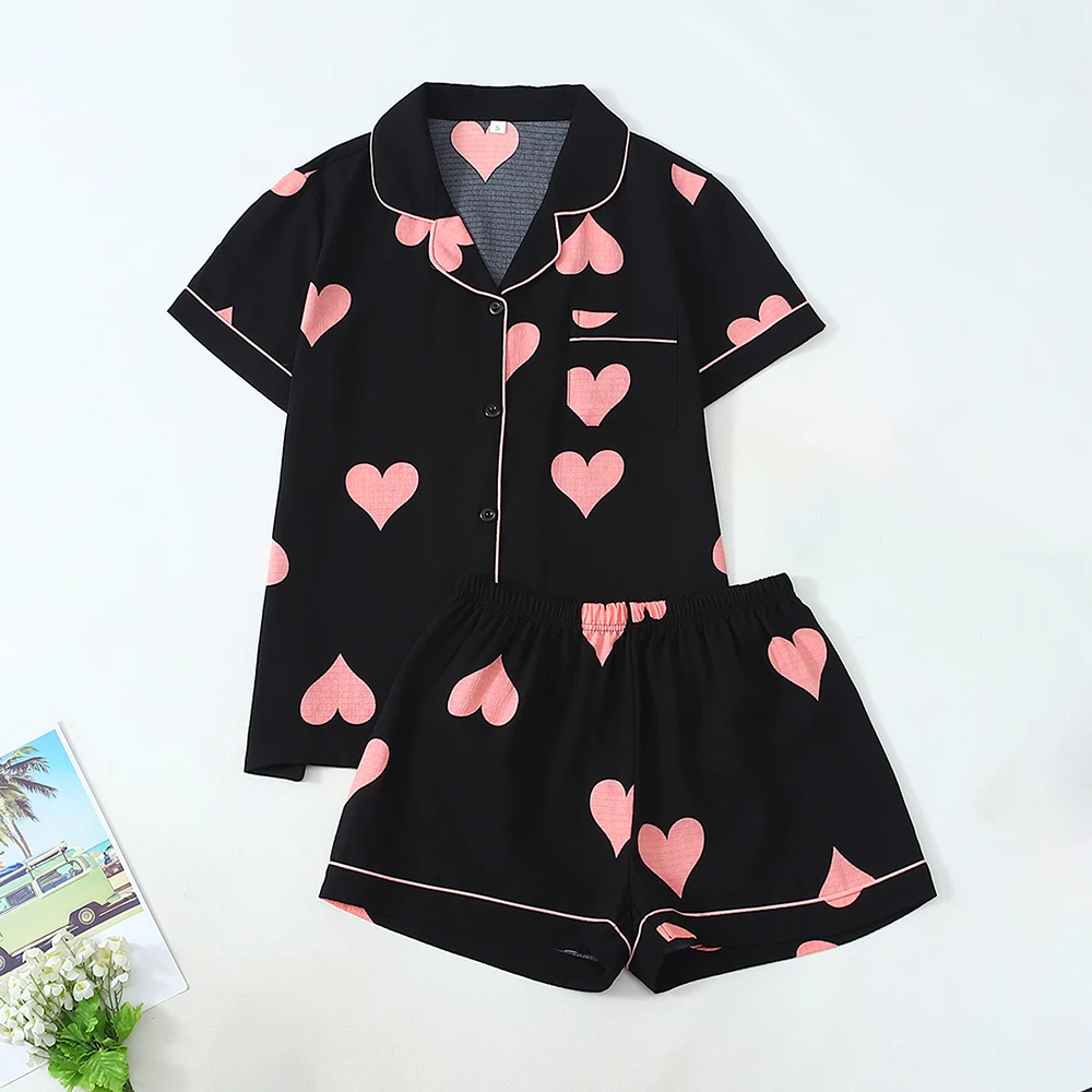 

2Pcs Heart Print Pajama Set Comfortable Leisure Sleepwear Y2k Sweety Girls Home Suit Breathable Short Sleeve Shorts Loungewear