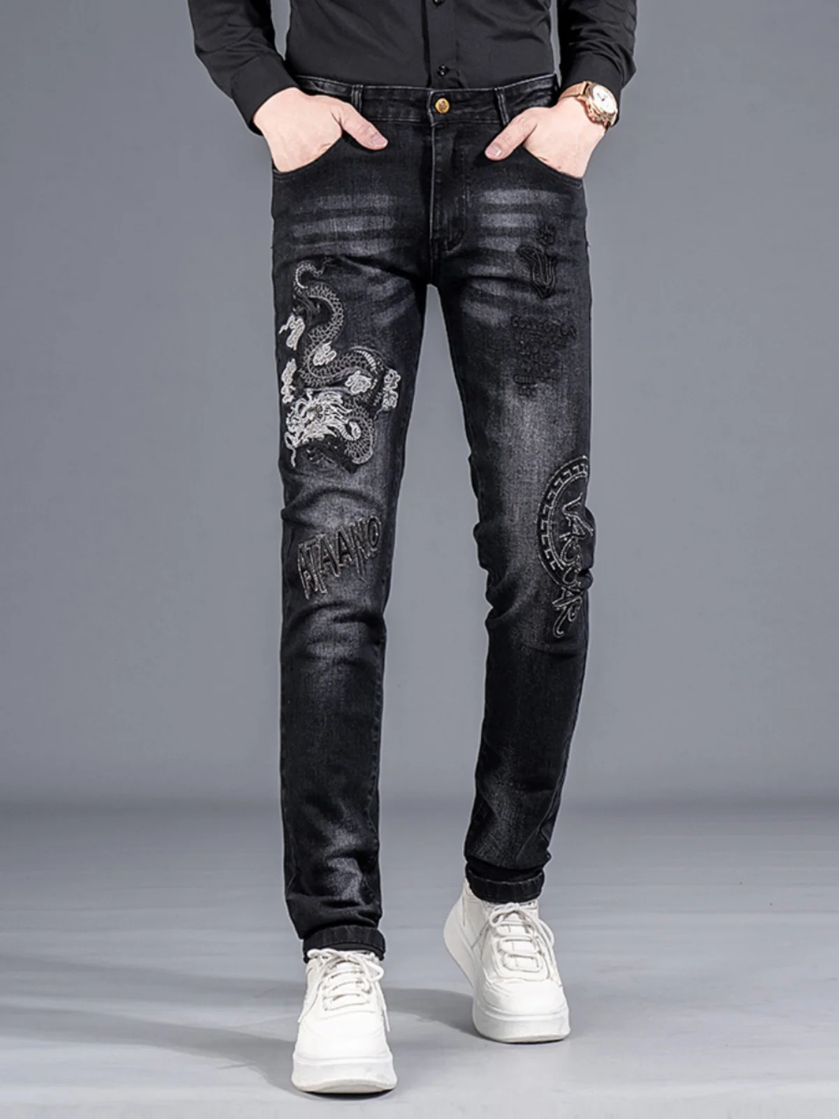 

Faionable Embroidered Slim Fit Men's Jeans Elastic Casual Cotton Stretch Denim Pants Youth Trendy Autumn Wear Small Straigh...