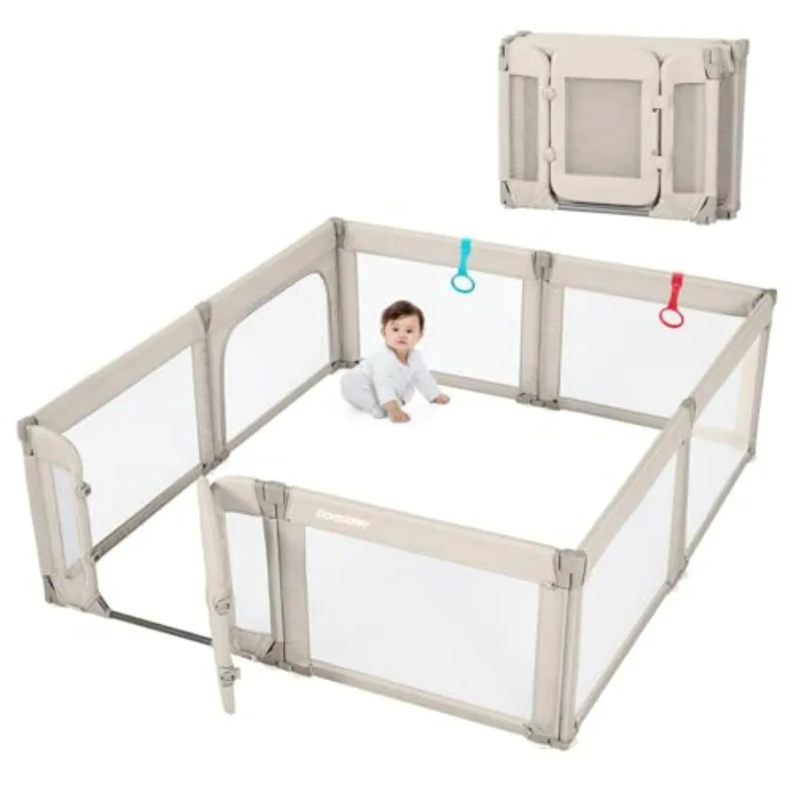 

Foldable Adjustable Baby Playpen with Door for Toddlers Heavy-Duty Khaki Play Yard Fence Large Play Area