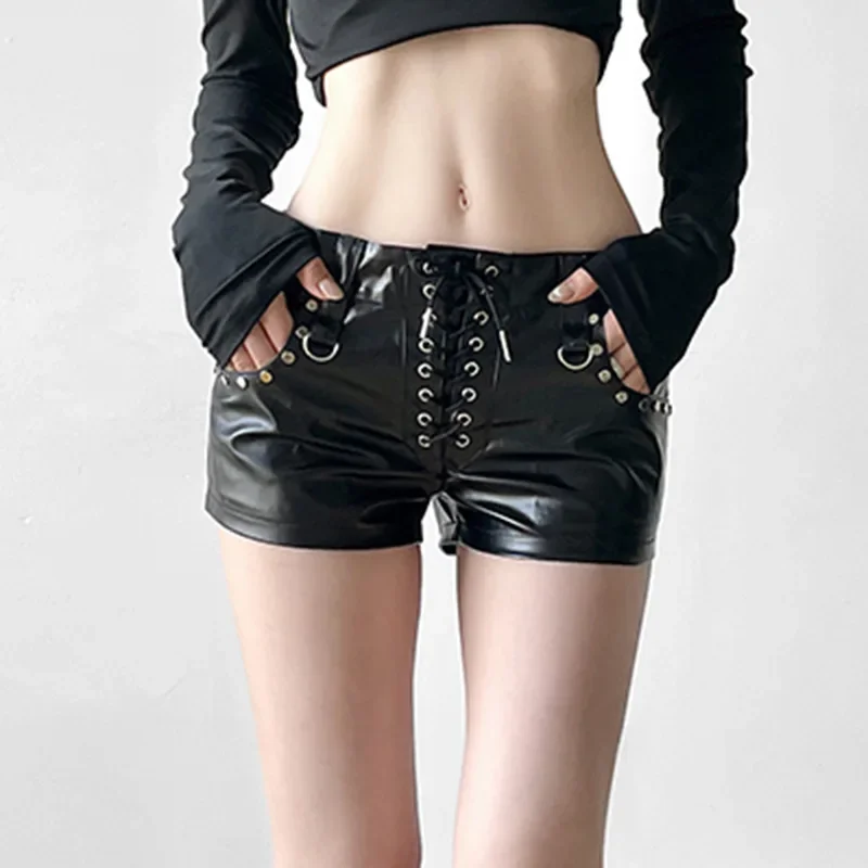 streetwear PU leather shorts women clothes skinny short pants y2k lace up bandage dancing sexy party black shorts rivet summer