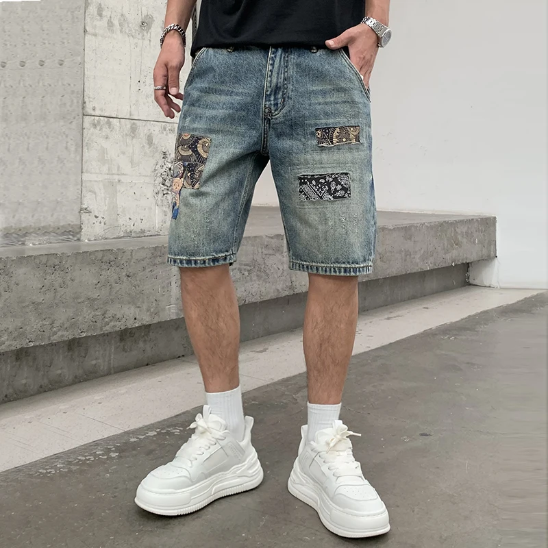 Fashionable Patch Embroidered Patch Denim Shorts For Men'S Summer New Trend Personalized Loose Fitting Straight Leg Capris