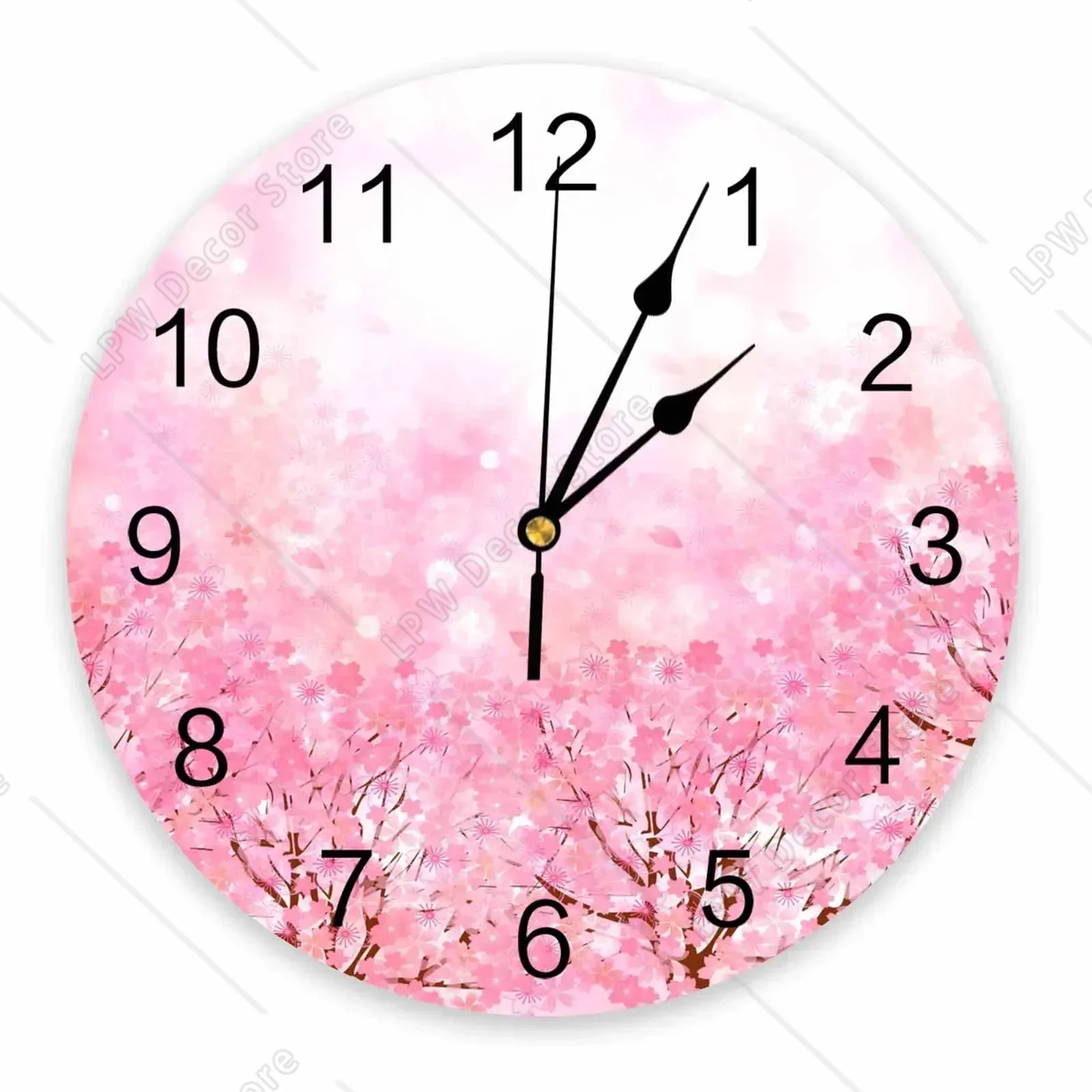 Japanese Style Cherry Blossoms Pink Decorative Round Wall Clock Custom Design Non Ticking Silent Bedrooms Large Wall Clock